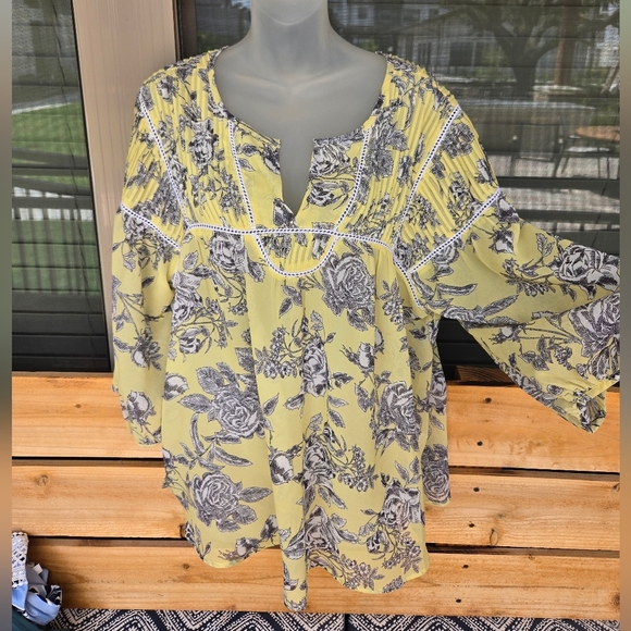 Ivy Jane Yellow Floral Blouse Boho Style 3/4 Sleeve Sz XL - Picture 2 of 9